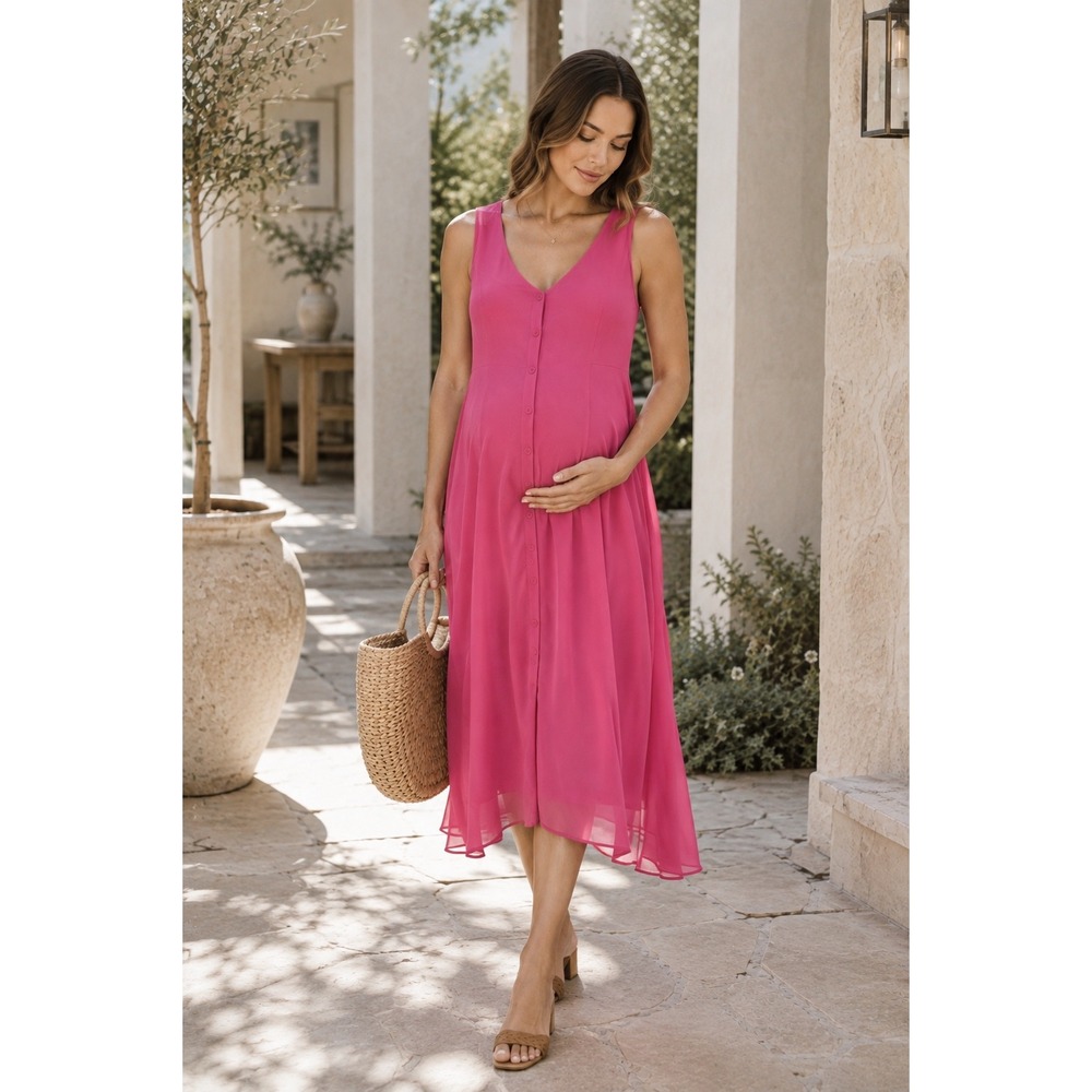 HATCH The Jaden Maternity Chiffon Button Front Midi Dress Fuchsia Pink XL 4